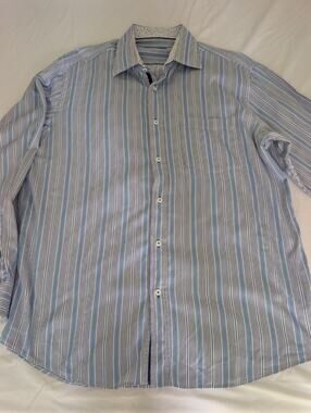 Bugatchi Mens Shirt XL White Blue black Stripe Flip Cuff Button Up